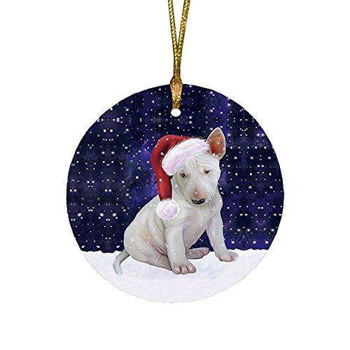 Let it Snow Christmas Holiday Bull Terrier Dog Wearing Santa Hat Round Ornament