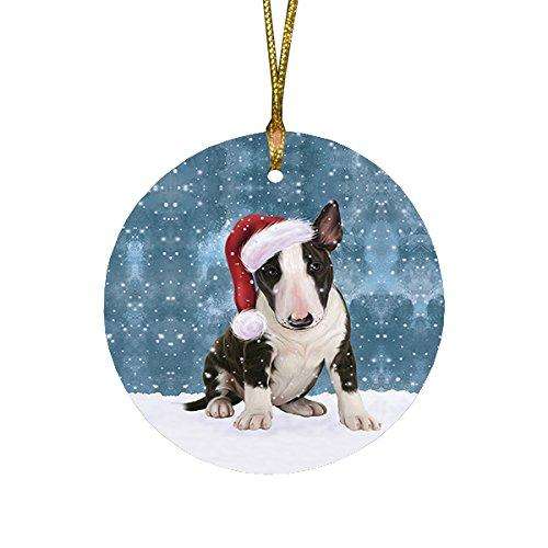 Let it Snow Christmas Holiday Bull Terrier Dog Wearing Santa Hat Round Ornament