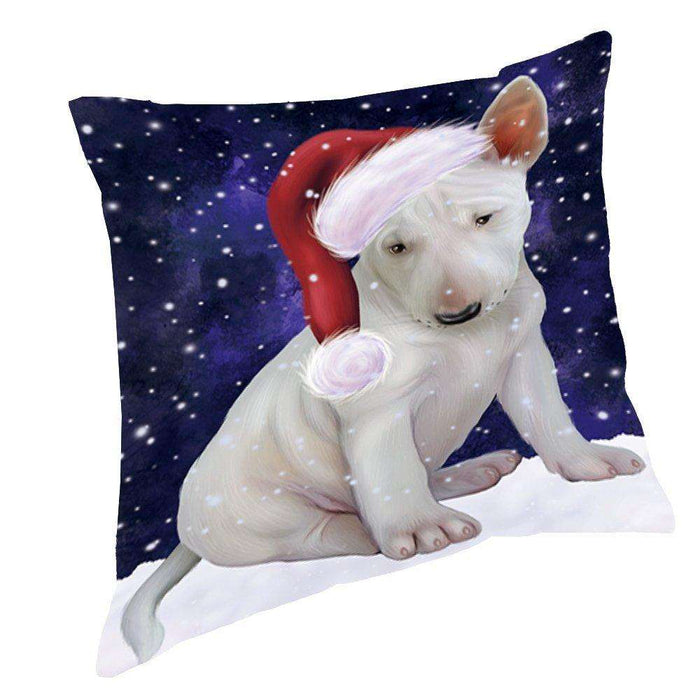 Let it Snow Christmas Holiday Bull Terrier Dog Wearing Santa Hat Throw Pillow