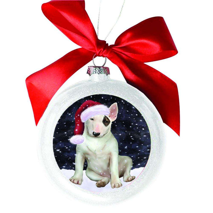 Let it Snow Christmas Holiday Bull Terrier Dog White Round Ball Christmas Ornament WBSOR48500