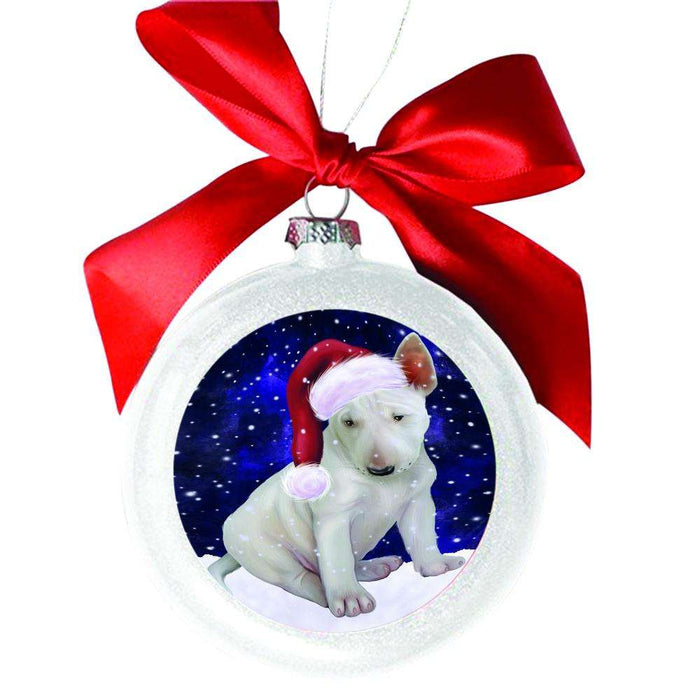 Let it Snow Christmas Holiday Bull Terrier Dog White Round Ball Christmas Ornament WBSOR48501