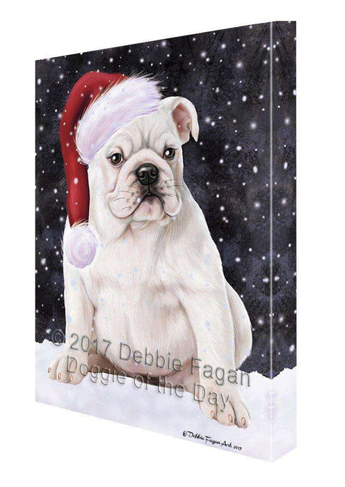 Let it Snow Christmas Holiday Bulldog Dog Wearing Santa Hat Canvas Wall Art