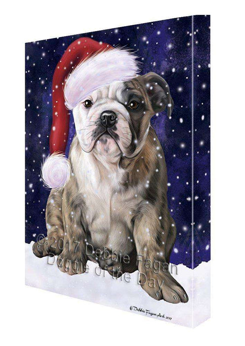 Let it Snow Christmas Holiday Bulldog Dog Wearing Santa Hat Canvas Wall Art