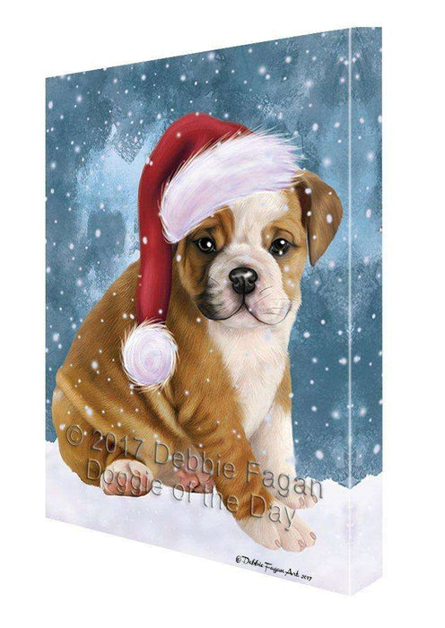 Let it Snow Christmas Holiday Bulldog Dog Wearing Santa Hat Canvas Wall Art