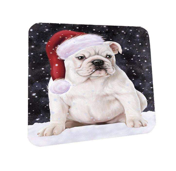 Let it Snow Christmas Holiday Bulldog Dog Wearing Santa Hat Coasters Set of 4