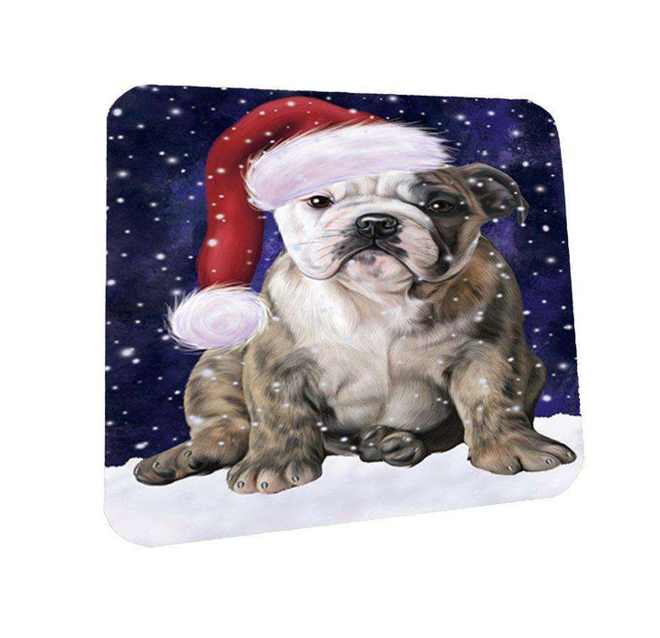 Let it Snow Christmas Holiday Bulldog Dog Wearing Santa Hat Coasters Set of 4