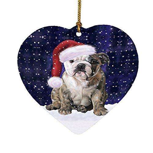 Let it Snow Christmas Holiday Bulldog Dog Wearing Santa Hat Heart Ornament