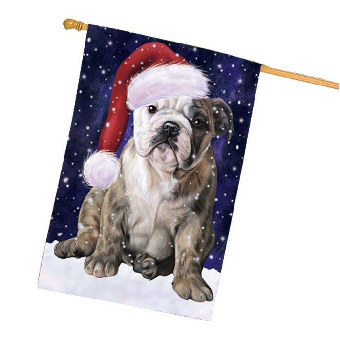 Let it Snow Christmas Holiday Bulldog Dog Wearing Santa Hat House Flag