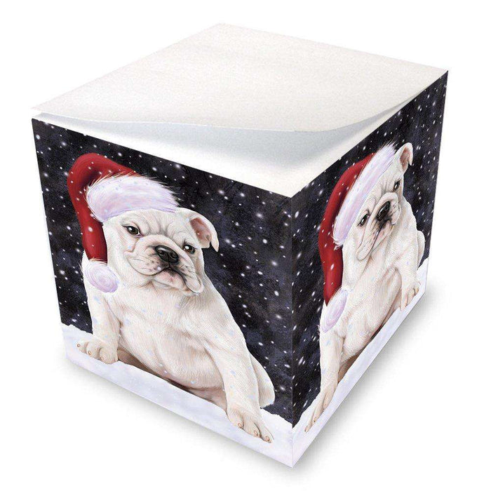 Let it Snow Christmas Holiday Bulldog Dog Wearing Santa Hat Note Cube D281