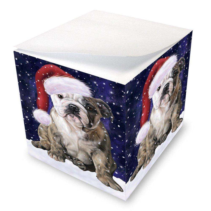 Let it Snow Christmas Holiday Bulldog Dog Wearing Santa Hat Note Cube D282