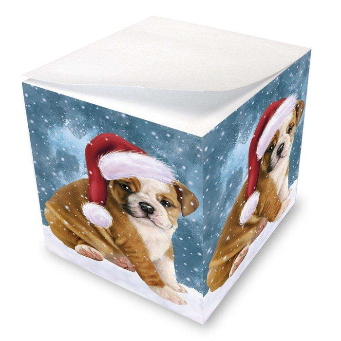 Let it Snow Christmas Holiday Bulldog Dog Wearing Santa Hat Note Cube D283