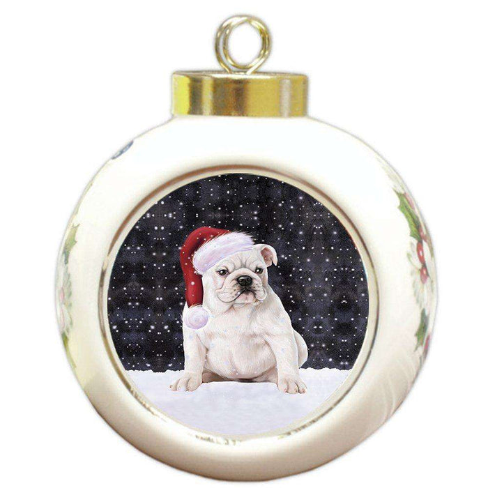 Let it Snow Christmas Holiday Bulldog Dog Wearing Santa Hat Round Ball Ornament