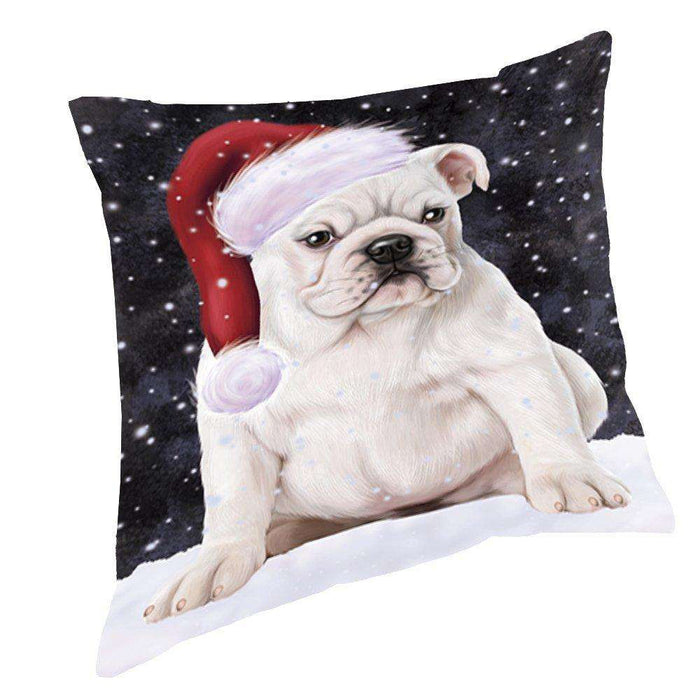 Let it Snow Christmas Holiday Bulldog Dog Wearing Santa Hat Throw Pillow