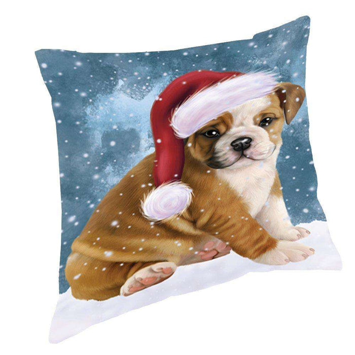 Let it Snow Christmas Holiday Bulldog Dog Wearing Santa Hat Throw Pillow