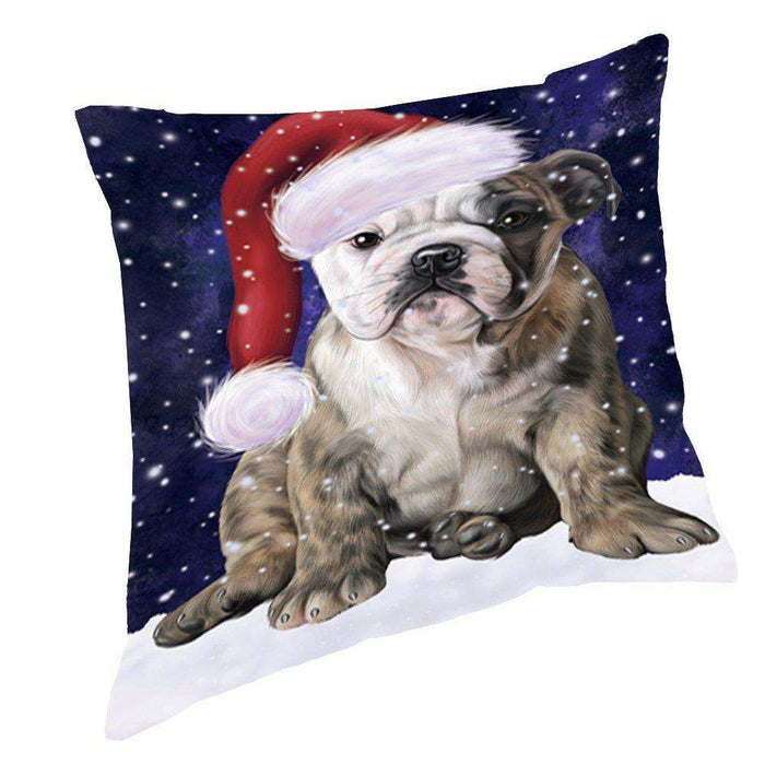 Let it Snow Christmas Holiday Bulldog Dog Wearing Santa Hat Throw Pillow