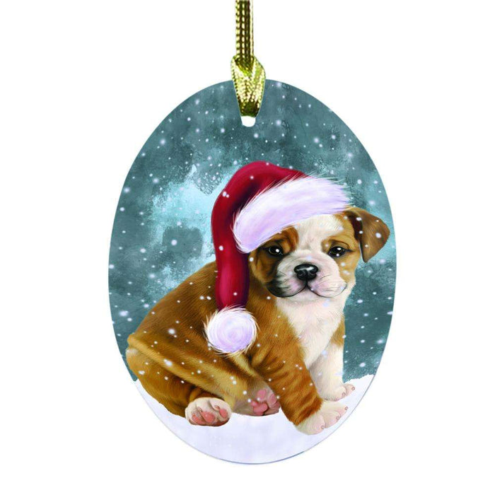Let it Snow Christmas Holiday Bulldog Oval Glass Christmas Ornament OGOR48506