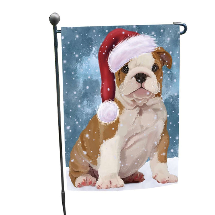 Let it Snow Christmas Holiday Bulldog Puppy Wearing Santa Hat Garden Flag FLG021