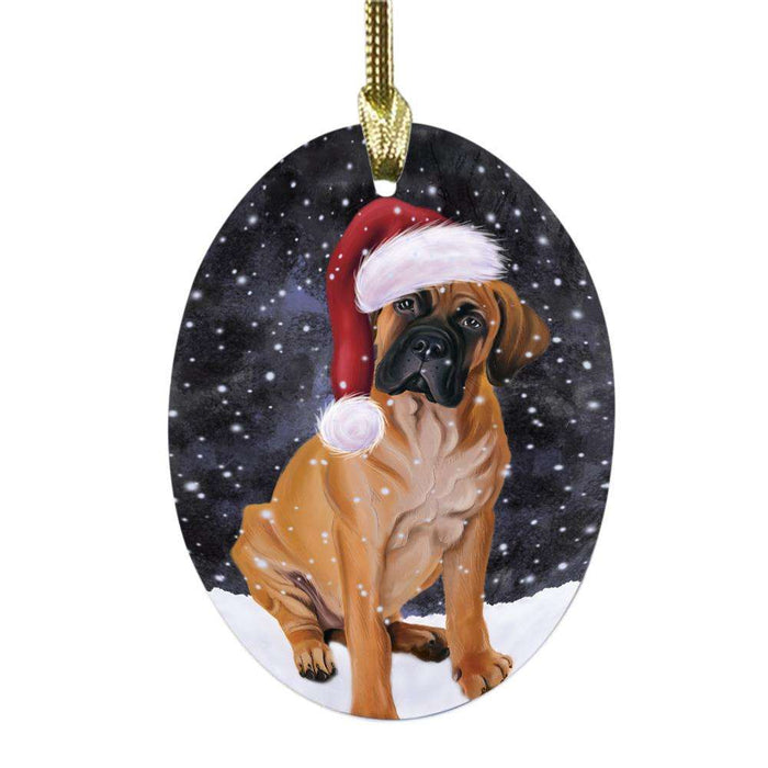 Let it Snow Christmas Holiday Bullmastiff Dog Oval Glass Christmas Ornament OGOR48508