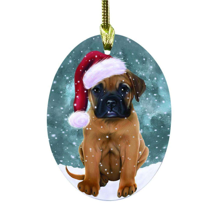 Let it Snow Christmas Holiday Bullmastiff Dog Oval Glass Christmas Ornament OGOR48509