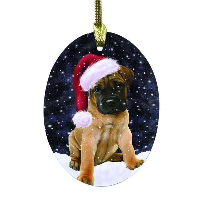 Let it Snow Christmas Holiday Bullmastiff Dog Oval Glass Christmas Ornament OGOR48510