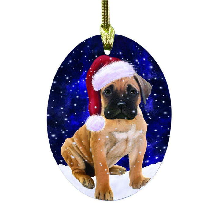 Let it Snow Christmas Holiday Bullmastiff Dog Oval Glass Christmas Ornament OGOR48511