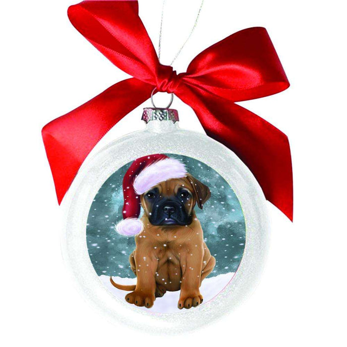 Let it Snow Christmas Holiday Bullmastiff Dog White Round Ball Christmas Ornament WBSOR48509