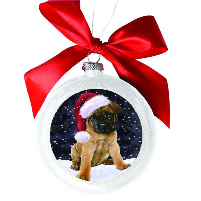 Let it Snow Christmas Holiday Bullmastiff Dog White Round Ball Christmas Ornament WBSOR48510