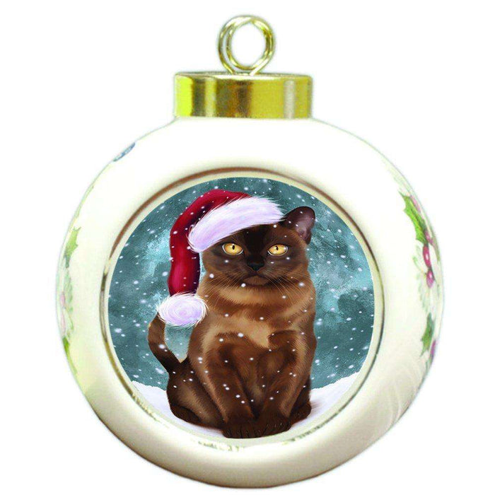 Let it Snow Christmas Holiday Burmese Cat Wearing Santa Hat Round Ball Ornament D330