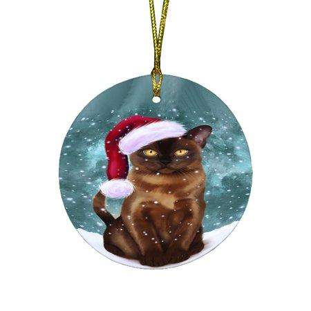 Let it Snow Christmas Holiday Burmese Cat Wearing Santa Hat Round Ornament D330