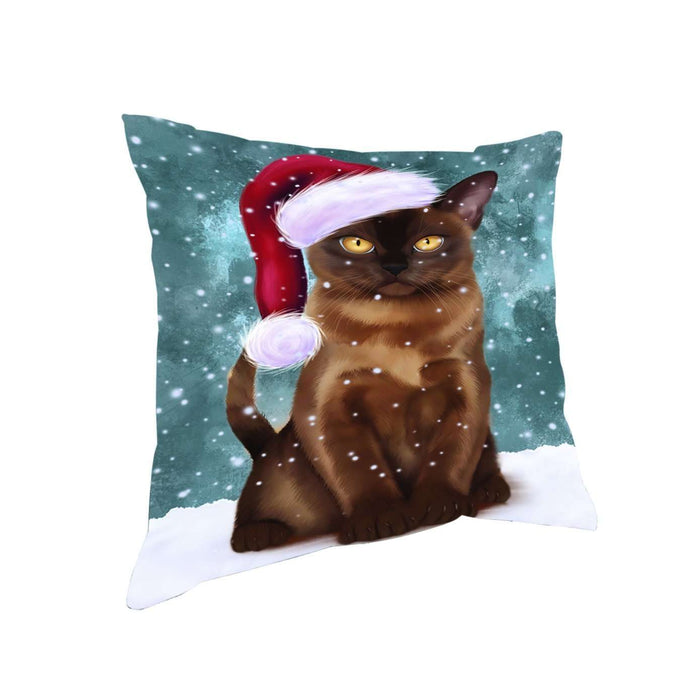 Let it Snow Christmas Holiday Burmese Cat Wearing Santa Hat Throw Pillow