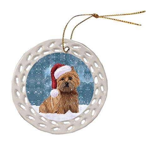 Let it Snow Christmas Holiday Cairn Terrier Dog Wearing Santa Hat Ceramic Doily Ornament D065