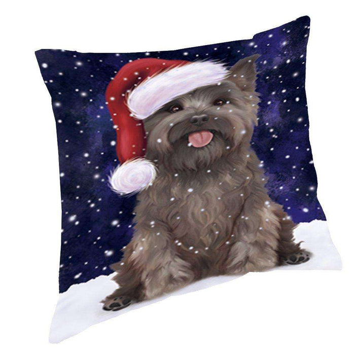 Let it Snow Christmas Holiday Cairn Terrier Dog Wearing Santa Hat Throw Pillow D428