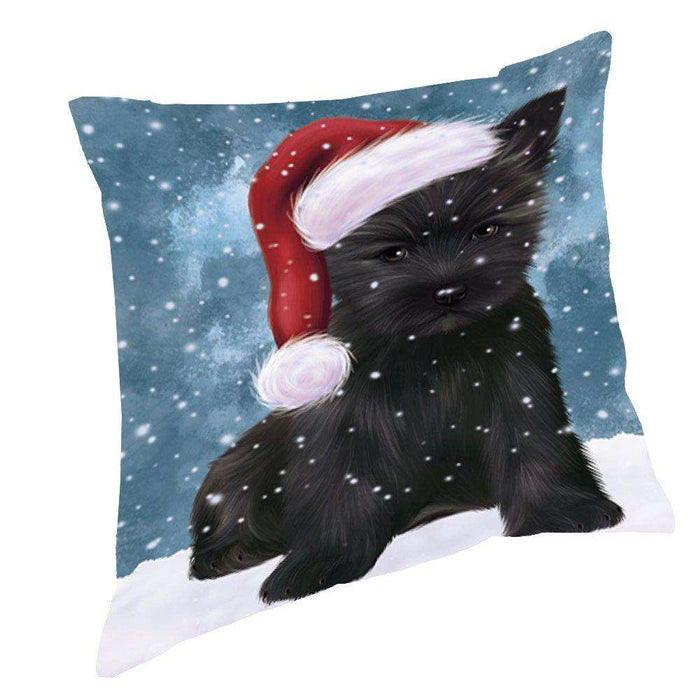 Let it Snow Christmas Holiday Cairn Terrier Dog Wearing Santa Hat Throw Pillow