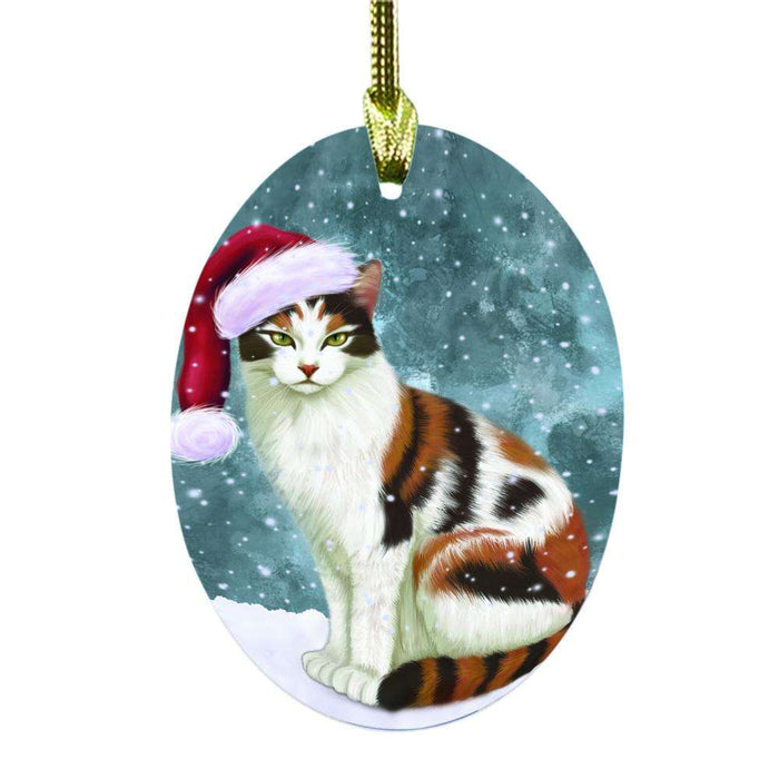 Let it Snow Christmas Holiday Calico Cat Oval Glass Christmas Ornament OGOR48520