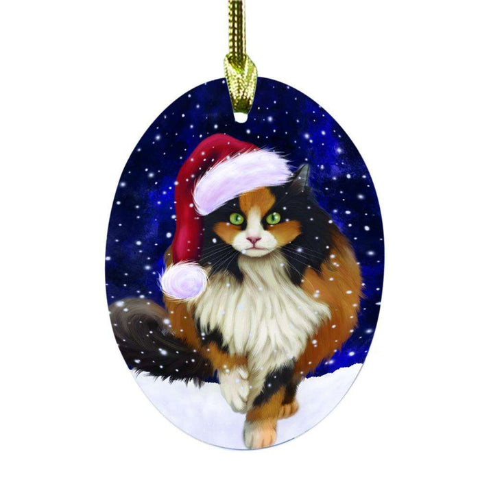 Let it Snow Christmas Holiday Calico Cat Oval Glass Christmas Ornament OGOR48521