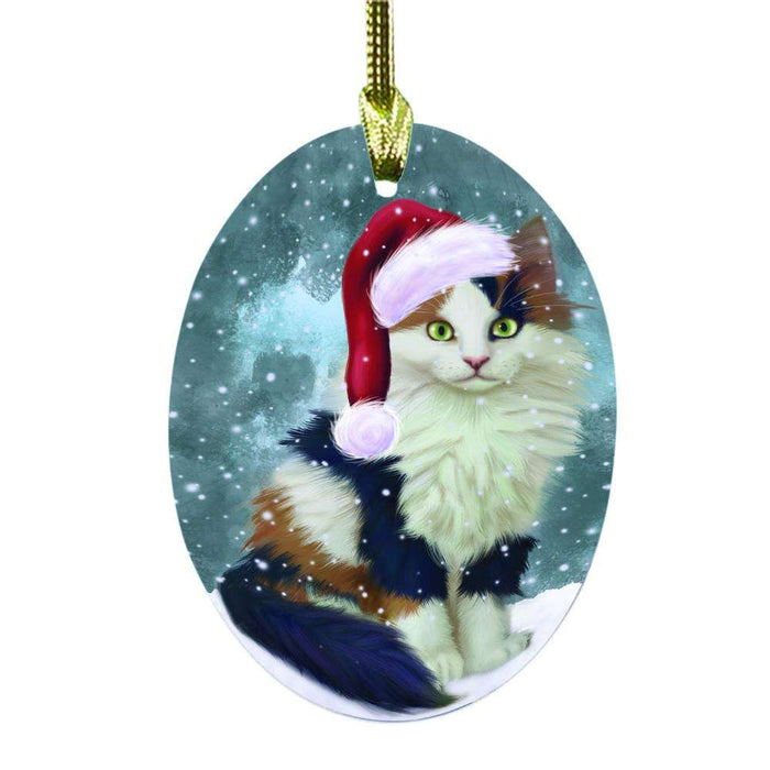 Let it Snow Christmas Holiday Calico Cat Oval Glass Christmas Ornament OGOR48522