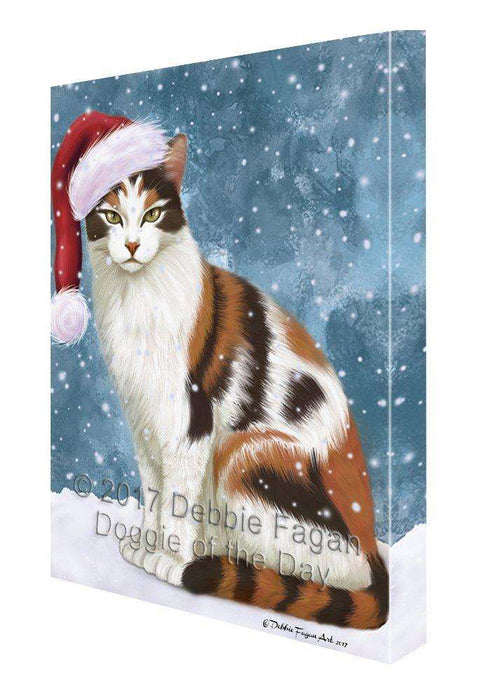 Let it Snow Christmas Holiday Calico Cat Wearing Santa Hat Canvas Wall Art