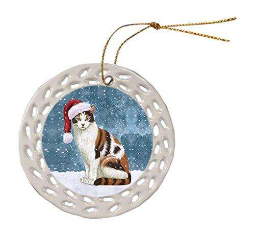Let it Snow Christmas Holiday Calico Cat Wearing Santa Hat Ceramic Doily Ornament D066