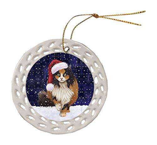 Let it Snow Christmas Holiday Calico Cat Wearing Santa Hat Ceramic Doily Ornament D067