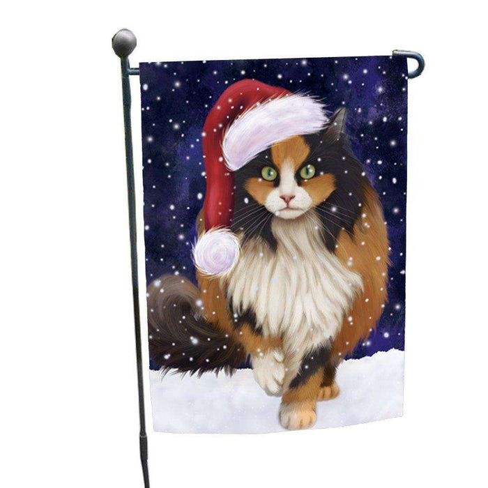 Let it Snow Christmas Holiday Calico Cat Wearing Santa Hat Garden Flag