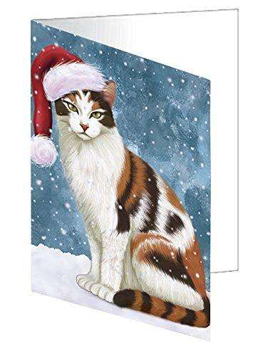 Let it Snow Christmas Holiday Calico Cat Wearing Santa Hat Handmade Artwork Assorted Pets Greeting Cards and Note Cards with Envelopes for All Occasions and Holiday Seasons D380