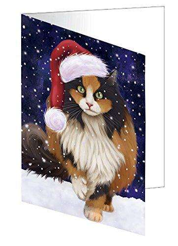 Let it Snow Christmas Holiday Calico Cat Wearing Santa Hat Handmade Artwork Assorted Pets Greeting Cards and Note Cards with Envelopes for All Occasions and Holiday Seasons D381