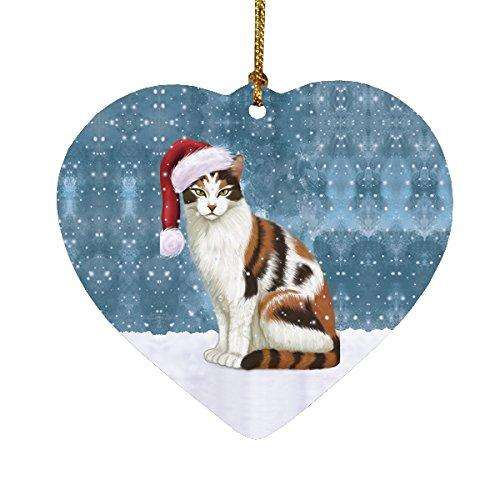 Let it Snow Christmas Holiday Calico Cat Wearing Santa Hat Heart Ornament D274