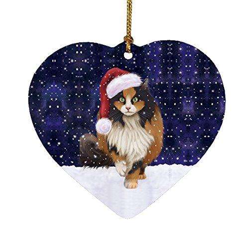 Let it Snow Christmas Holiday Calico Cat Wearing Santa Hat Heart Ornament D275
