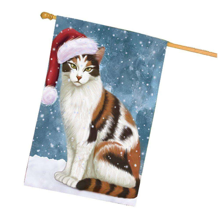 Let it Snow Christmas Holiday Calico Cat Wearing Santa Hat House Flag