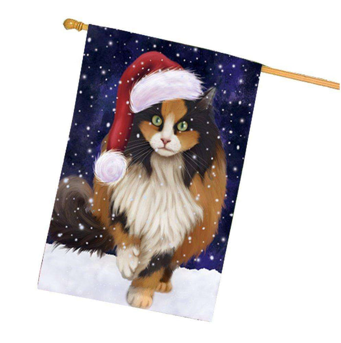 Let it Snow Christmas Holiday Calico Cat Wearing Santa Hat House Flag