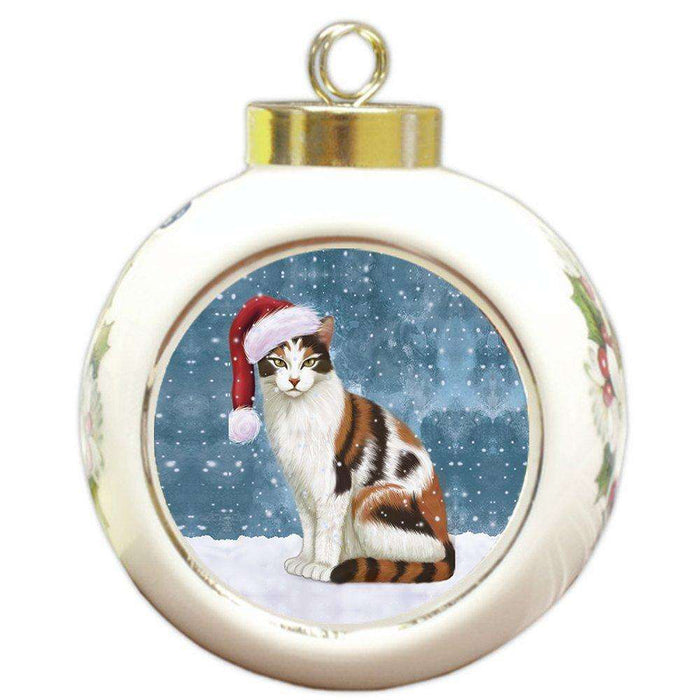 Let it Snow Christmas Holiday Calico Cat Wearing Santa Hat Round Ball Ornament D274