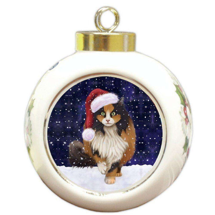 Let it Snow Christmas Holiday Calico Cat Wearing Santa Hat Round Ball Ornament D275