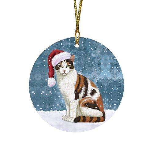 Let it Snow Christmas Holiday Calico Cat Wearing Santa Hat Round Ornament D274