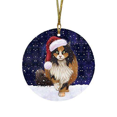 Let it Snow Christmas Holiday Calico Cat Wearing Santa Hat Round Ornament D275